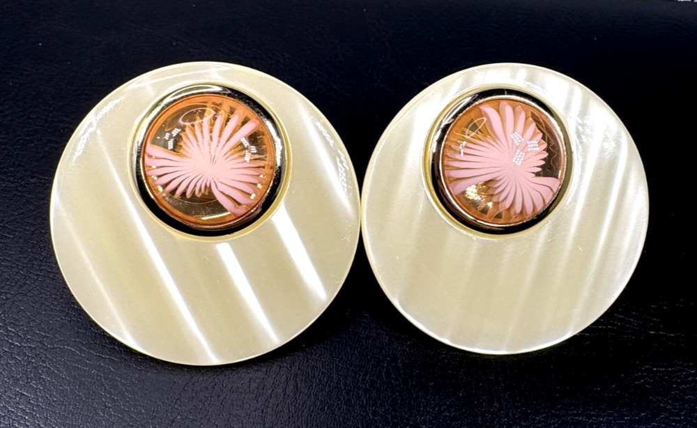 Vtg 1950s Reverse Carved Lucite Earrings Pink Flower Cream Striped Disc MCM Cool